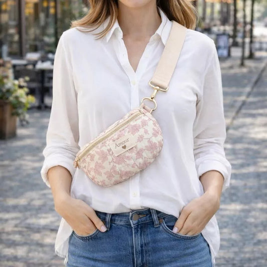 Sac Banane rose fleuri avec message « Amour »